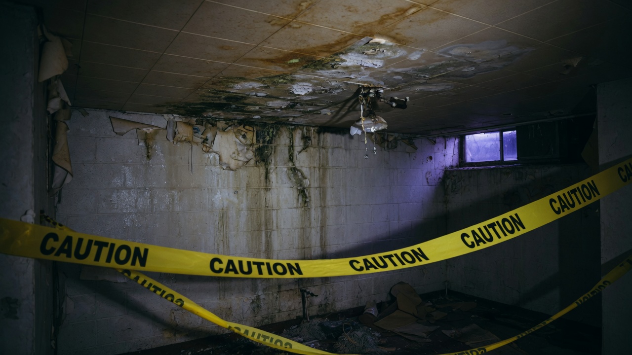 Vacant interior with moisture damage documented from a safe distance for hazard coordination.
