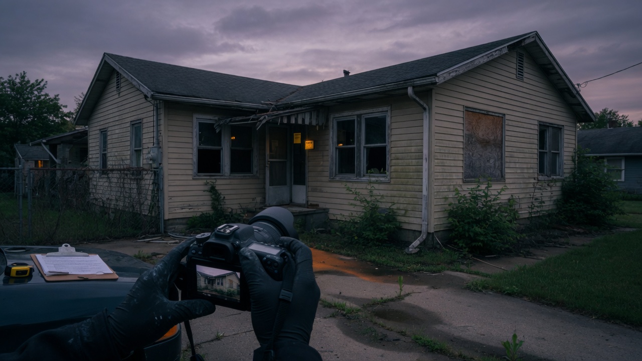 Field camera photographing the exterior of a vacant house at dusk for an occupancy and condition inspection.