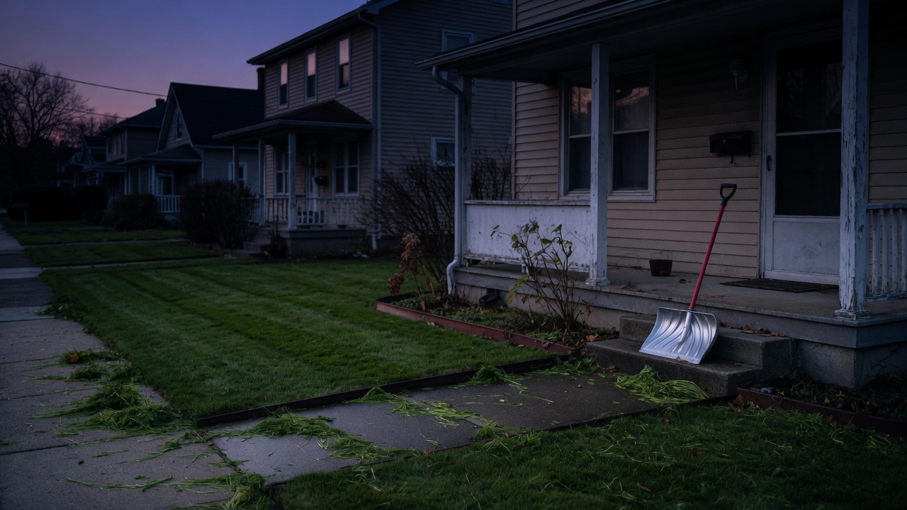 Freshly cut vacant-house lawn at dusk with a snow shovel on the porch for seasonal exterior upkeep.