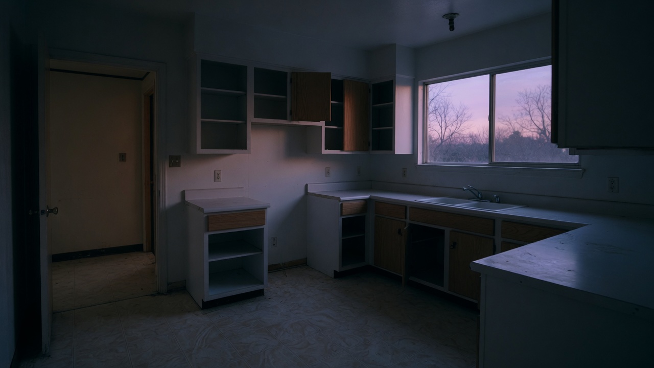 Empty vacant-house kitchen after a make-ready clean, dusk light in the window.