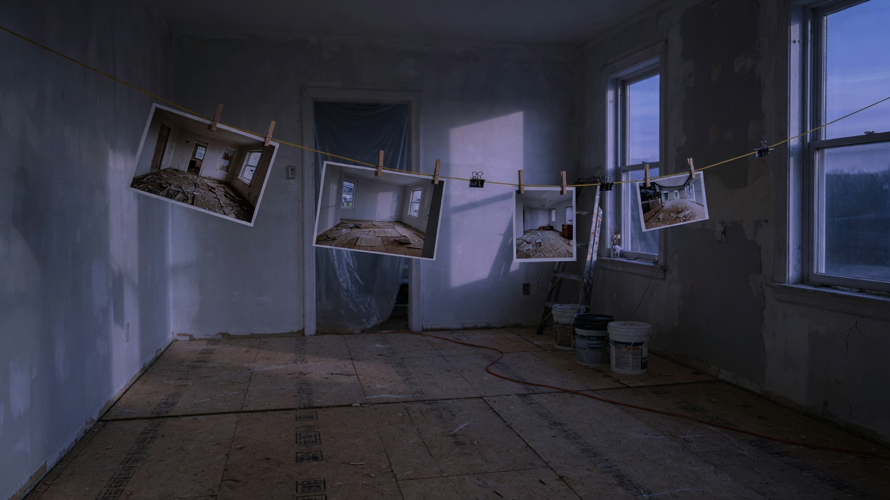 Vacant house mid-rehab with subfloor down and before-and-after photo prints clipped on a line.
