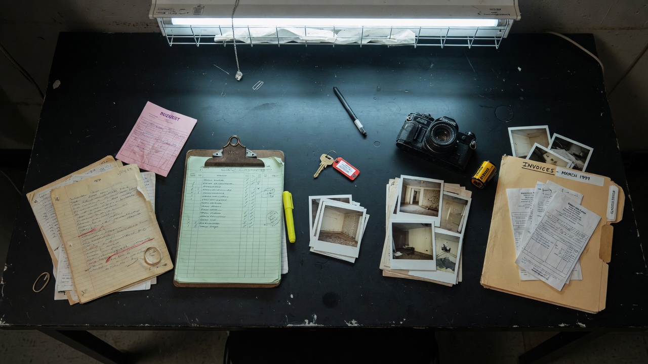 Photo pack, keys, camera, and invoice folder on a dark desk for a conveyance package.