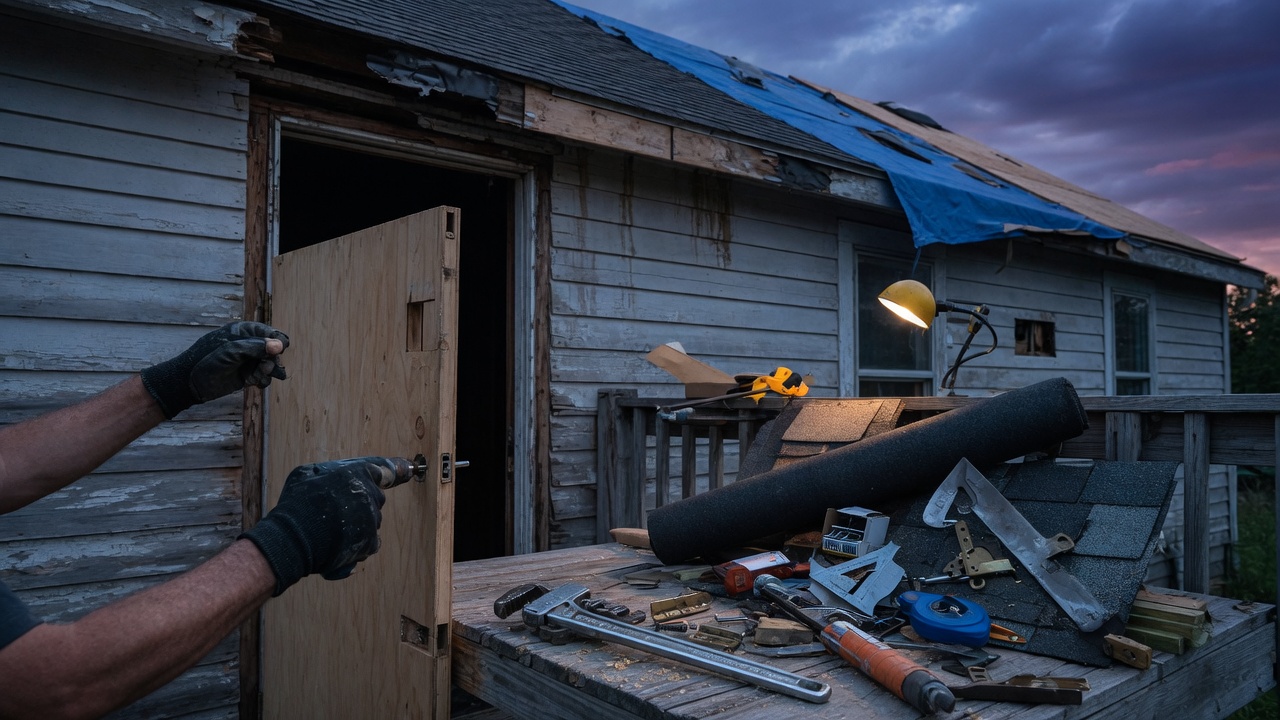 Gloved hands hanging a door on a vacant house with roof-patch materials on the porch at dusk.