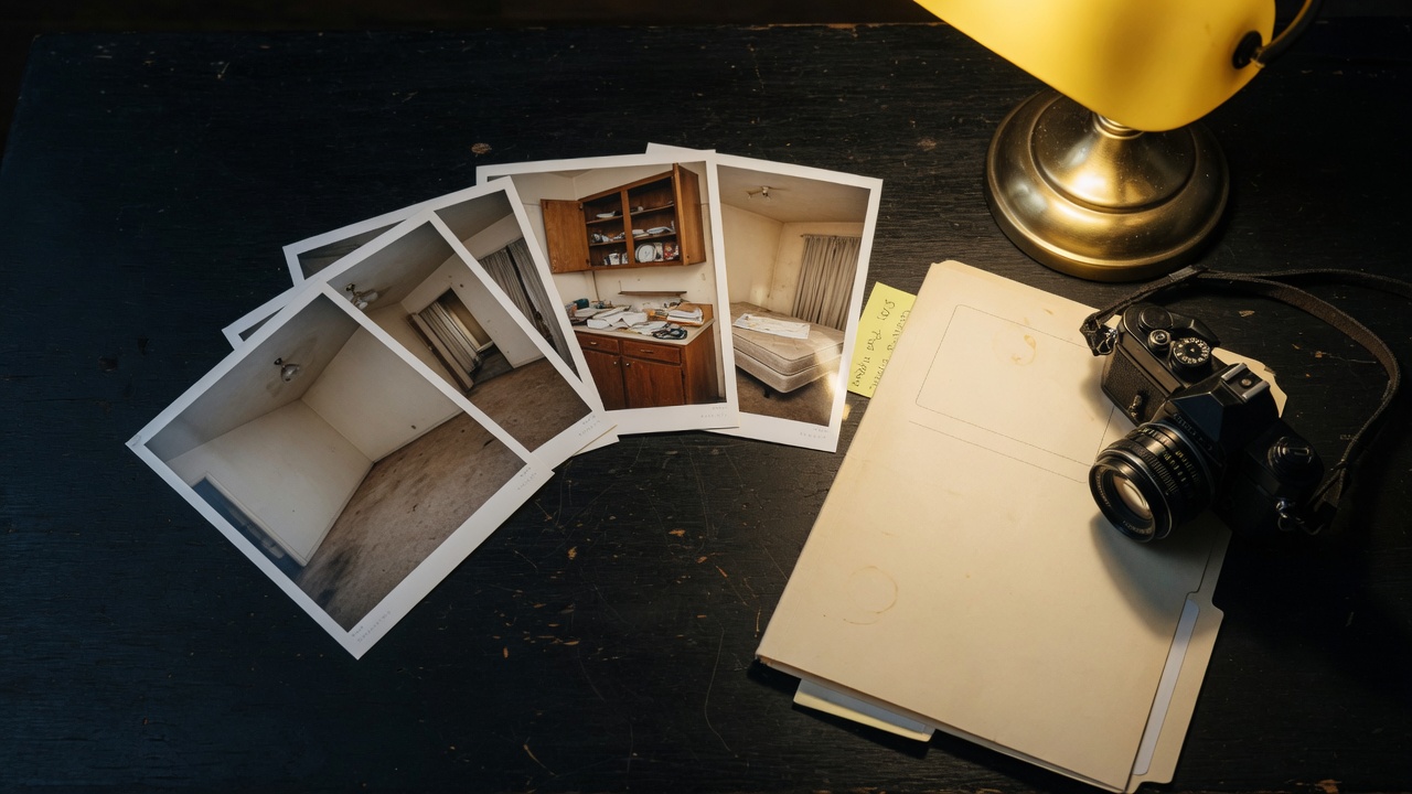 Printed occupancy photos, a camera, and a folder on a dark desk — how a scope starts.