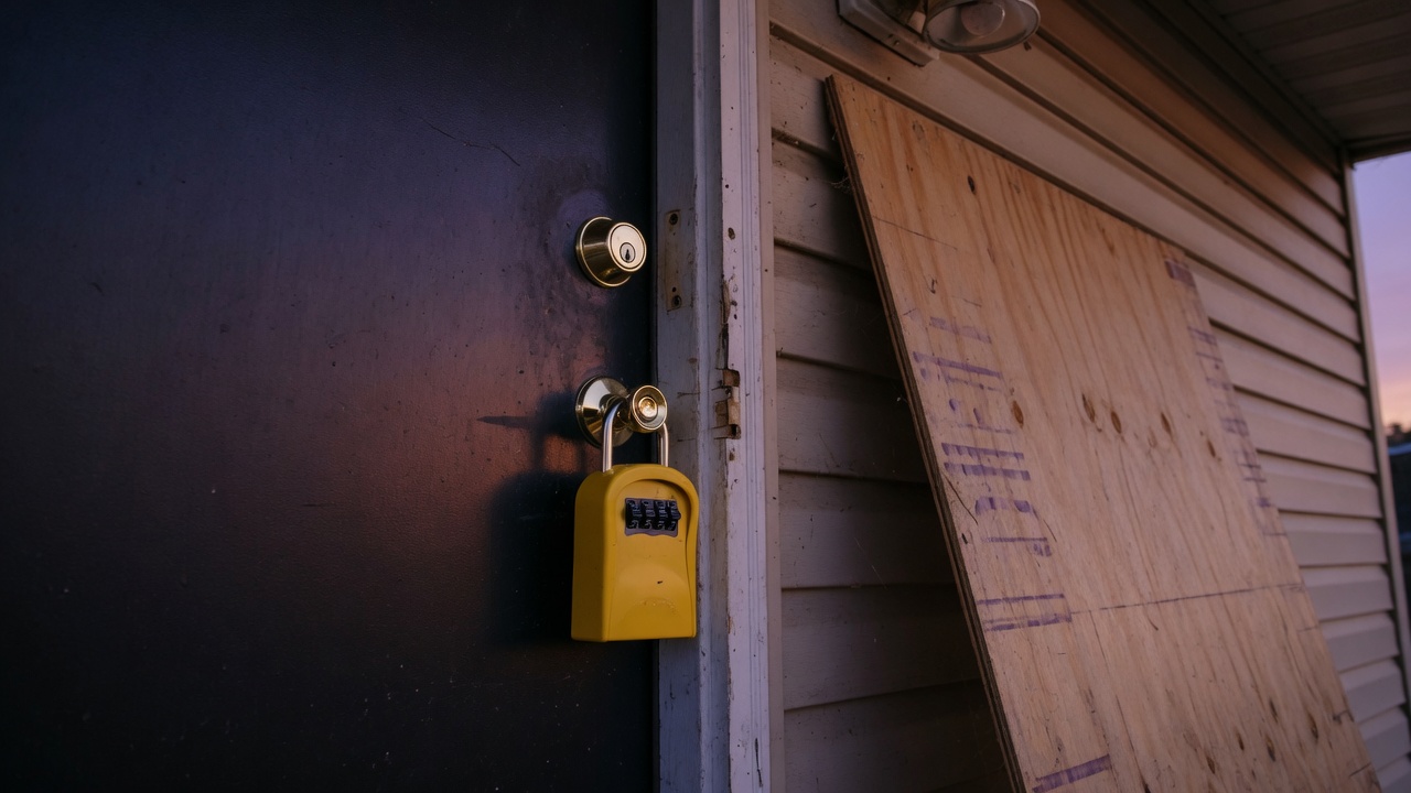 New deadbolt and lockbox on a vacant house door with plywood staged for board-up.