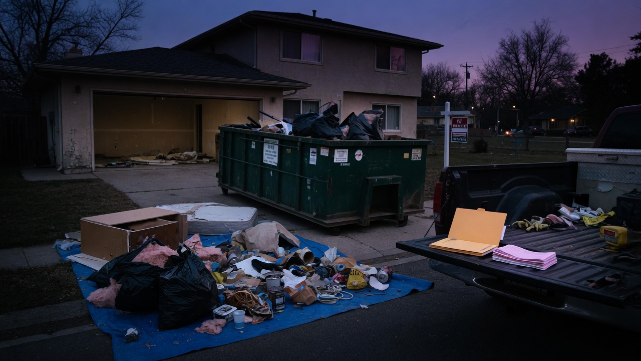 Dumpster in a driveway and debris staged on a tarp during a vacant-house trash-out.